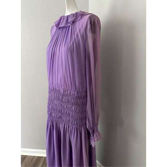Adam Lippes Semi Sheer Silk Chiffon Ruffle Long-Sleeve Midi Dress Violet 10 $289 - Picture 6 of 14